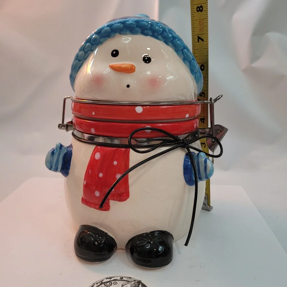 ConAgra Foods‎ Snowman Ceramic Cookie Jar Canister Blue Hat Red Scarf Hinge Lid